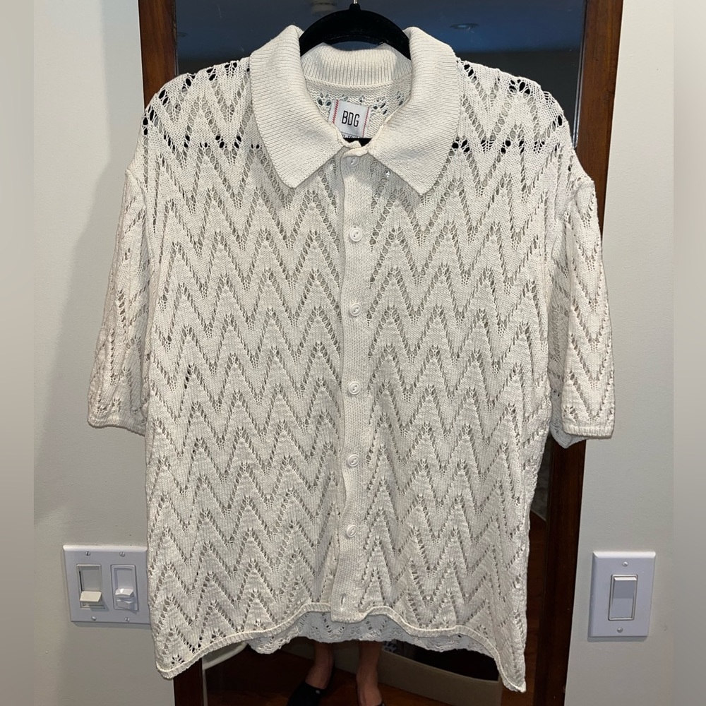 BDG Define Polo Short Sleeve Botton-Down Crochet Shirt